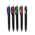 A collection of five ball pens with highlighters in blue, green, red, orange, and a transparent design with black grips.