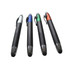 A set of four stylus pens with black grips, featuring silver, blue, green, and orange accents. Each pen has a logo.