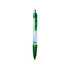A plastic pen with a clear barrel and green accents, featuring a click mechanism and a logo.