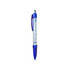 A plastic pen with a blue grip and a transparent barrel, featuring a logo and a ballpoint tip.
