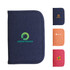 A navy passport holder with a logo, alongside orange, pink, and red passport holders in different colours.