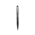 A sleek black aluminium ball pen with a stylus tip and a decorative band near the top. It features a logo.