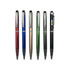 A collection of six stylus pens in red, blue, green, gold, black, and silver, each featuring a logo.