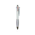 A three-colour ball pen in white and silver, featuring red, blue, and black ink options with a logo. A three-colour ball pen in white and silver, featuring red, blue, and black ink options with a logo.