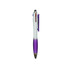 A three-colour ball pen featuring a white body with a purple grip and accents in red and blue, including a branding logo. A three-colour ball pen featuring a white body with a purple grip and accents in red and blue, including a branding logo.