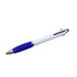 A three-colour ball pen in white and blue, featuring a soft grip and a chrome accent. It has a logo on the barrel. A three-colour ball pen in white and blue, featuring a soft grip and a chrome accent. It has a logo on the barrel.