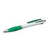 A three-colour ball pen with a green grip, white body, and chrome accents. It features a clip and branding. A three-colour ball pen with a green grip, white body, and chrome accents. It features a clip and branding.