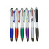 A collection of six ballpoint pens in various colours, each with a logo, featuring different coloured grips and accents. A collection of six ballpoint pens in various colours, each with a logo, featuring different coloured grips and accents.