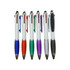 A set of six ballpoint pens in red, green, purple, orange, grey, and black, featuring a white barrel and branding. A set of six ballpoint pens in red, green, purple, orange, grey, and black, featuring a white barrel and branding.