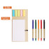 A memo pad with a ballpoint pen set, featuring green, blue, orange, red, and black pens. Includes sticky notes in pastel colours.