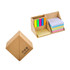 A cube-shaped memo set in brown featuring assorted sticky notes in bright colours and pastel shades.