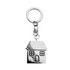 A silver keychain shaped like a house, featuring a keyring attachment and detailed window designs.