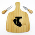 A bamboo cheeseboard with a logo and two stainless steel knives featuring wooden handles.