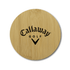 A round bamboo coaster featuring a branded logo in black against a natural bamboo background.