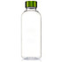 A drink bottle made of clear Tritan material with a green lid. It features a branding logo on the side.