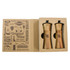 A wooden salt and pepper set in a gift box, featuring a simple design and a logo.