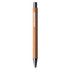 A wooden pen with a black tip. The pen features a logo printed on its body.
