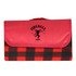 A red picnic blanket featuring a black and red checkered pattern and a logo on the top.