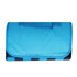 A blue picnic blanket with a foldable design and a handle for easy transport. It features a black and blue patterned underside.