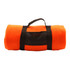 A rolled orange blanket secured with a black strap, featuring a clear window and a black handle.