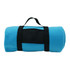 A blue rolled blanket with a black strap and handle, featuring a rectangular black section.