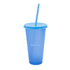 A drink bottle featuring a translucent blue design, complete with a straw and a logo.