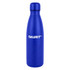 A drink bottle in a matte blue finish with a sleek, elongated design and a logo on the side.
