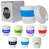 A set of white 235mL cups with coloured silicone bands and a box, featuring various logos.