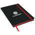 A black A5 journal with a red elastic band and ribbon bookmark, featuring a logo on the cover.