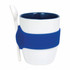 A cup with a blue silicone sleeve and a spoon, featuring a two-tone design in white and navy.