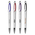 Four plastic pens in white with coloured accents in red, purple, and black. Each pen has a logo on it.