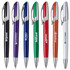 A collection of metal pens in black, purple, blue, green, red, orange, and white with silver accents, each featuring a logo.
