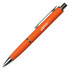 An orange metal pen with a textured grip and a clip for attachment, featuring a logo on the barrel.