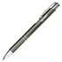 A metal pen in olive green with chrome accents, featuring a branding logo.