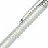 A metal pen with a sleek silver body and a shiny clip, featuring a logo on the barrel.