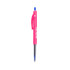 A pink plastic pen with a blue ink tip and a clip. The pen features a logo on the barrel.