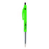 A bright green plastic pen with a black clip and silver accents, featuring a logo on the barrel.
