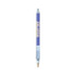 A blue plastic pen with a textured grip and a clip. It features a logo and has a smooth writing tip.