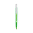 A green plastic pen with a white end and a logo printed on the barrel.