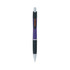 A purple and black pen with a silver tip and grip, featuring a branding logo.