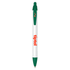 A plastic pen with a white barrel and green accents, featuring a logo on the side.