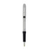 A grey and black pen with a textured grip and a branding logo. It is part of the writing category.