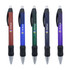 A collection of five metal grip pens in red, blue, green, black, and purple, each with a logo and a chrome tip.