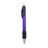 A purple metal pen with a black grip and a clear ink cartridge. It features branding on the barrel.