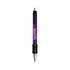 A purple metal grip pen with a black rubber grip, featuring a logo on the barrel.