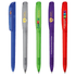 A collection of five plastic pens in blue, grey, green, purple, and red, each featuring a logo or branding.