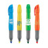 Four highlighters in blue, yellow, green, and orange, featuring grey grips and various logos. Four highlighters in blue, yellow, green, and orange, featuring grey grips and various logos.