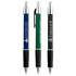 A set of three metallic pens in blue, green, and black, featuring a logo on each pen.