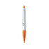 A silver plastic pen with an orange tip and grip, featuring a logo on its side.