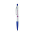 A silver plastic pen with a blue tip and clip, featuring a branding logo.